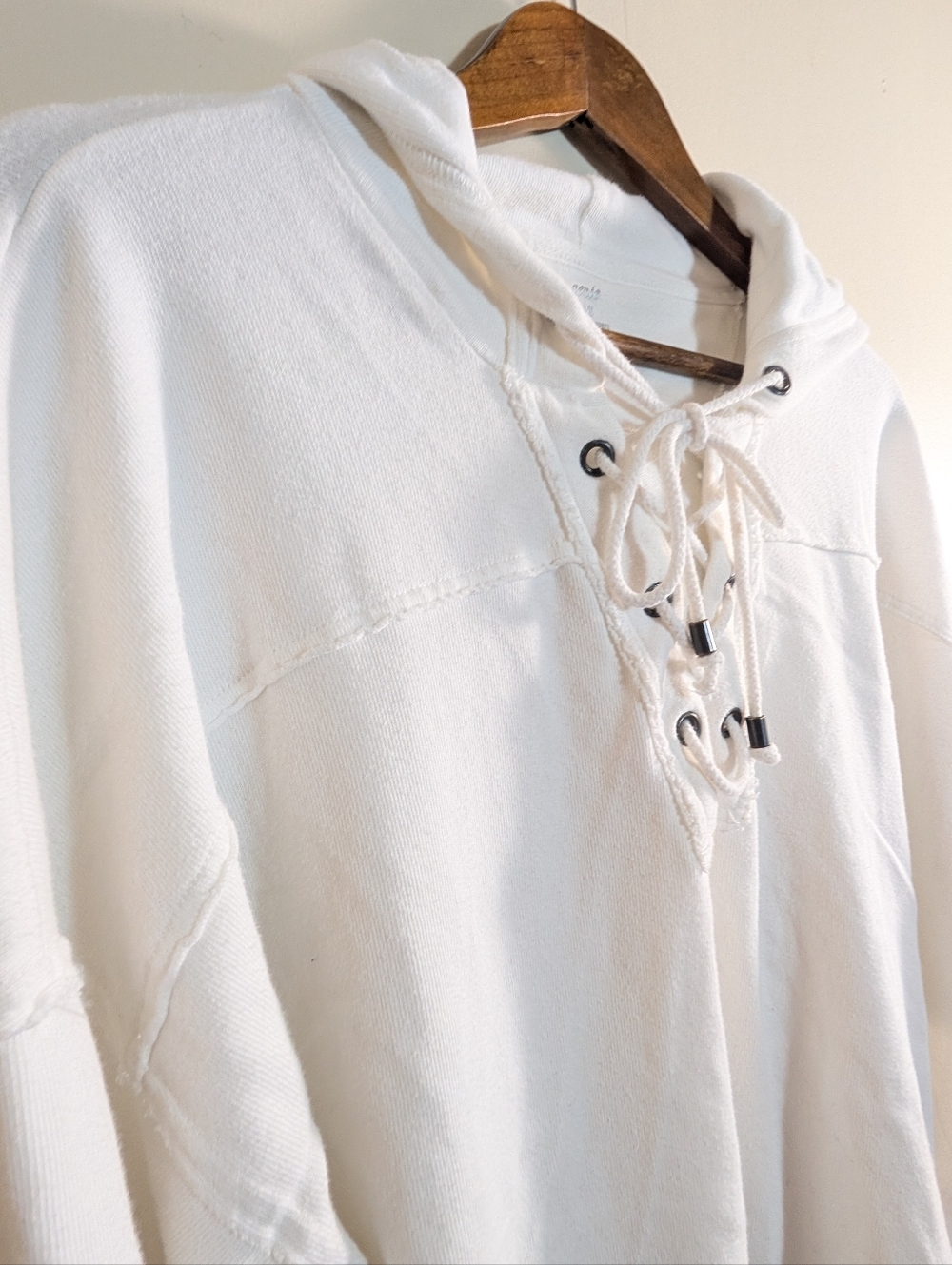 Aerie White Oversized Cotton Lace Up Hoodie Pullover Sweatshirt - Picture 5 of 8